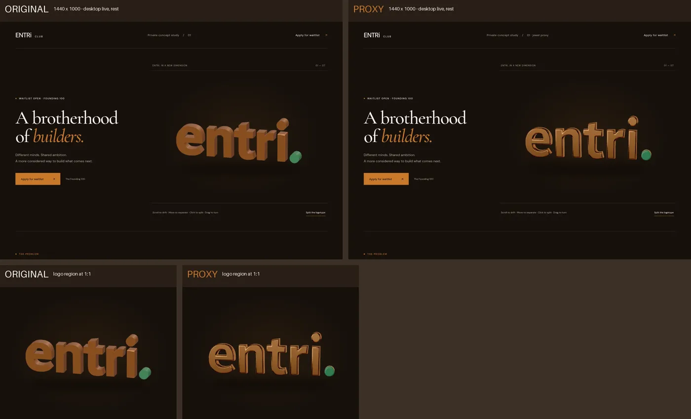 Logotype original and jewel proxy compared at 1440 px